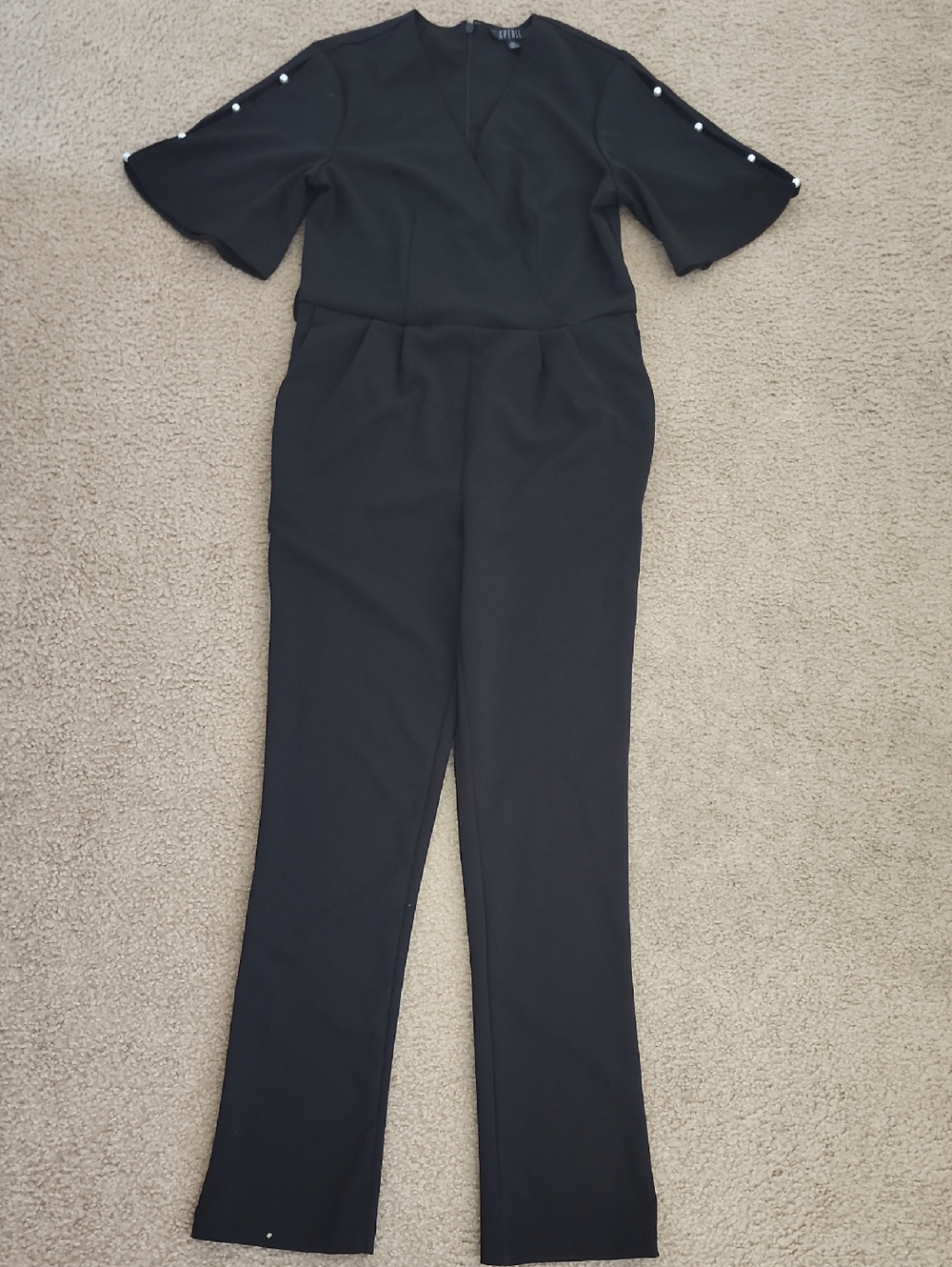 Spense Black Pearl-Trim Short Sleeve Jumpsuit
